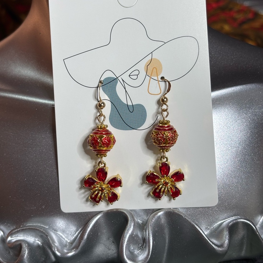 Hand Crafted Cloisonné Earrings Red and Gold tone with Red Floral Beads 2 in